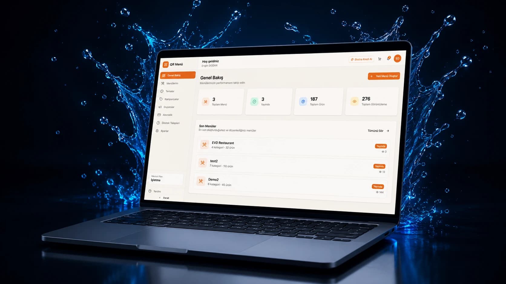 EVDSOFT QR menü panelinde menü yönetimi ve istatistik ekranı