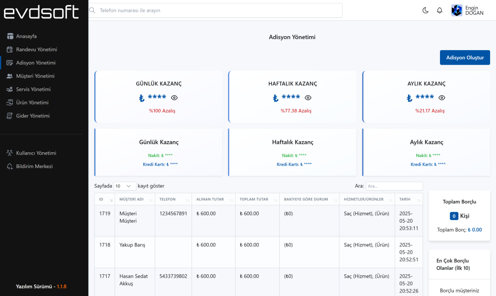 Adisyon Yönetimi Ekranı