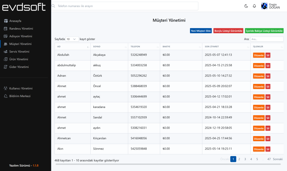 Müşteri Yönetimi Ekranı