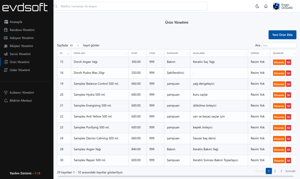 Ürün Yönetimi Ekranı