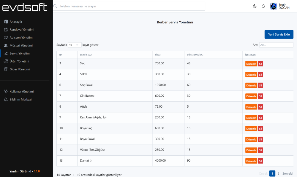 Servis Yönetimi Ekranı